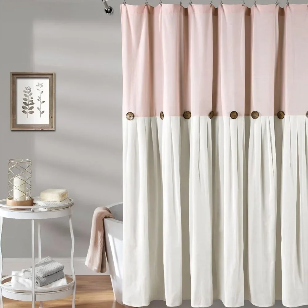 NWT LINEN DECOR Linen Shower Pink/White Button Shower Curtain